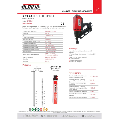 Cloueur à gaz D 90 G2 sans fil 7,2 V pour pointes 34° - 12AG3490 - Alsafix