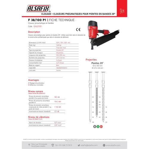 Cloueur pneumatique pour pointes en bandes 20° F 38/100 P1 - 50 - 110 mm