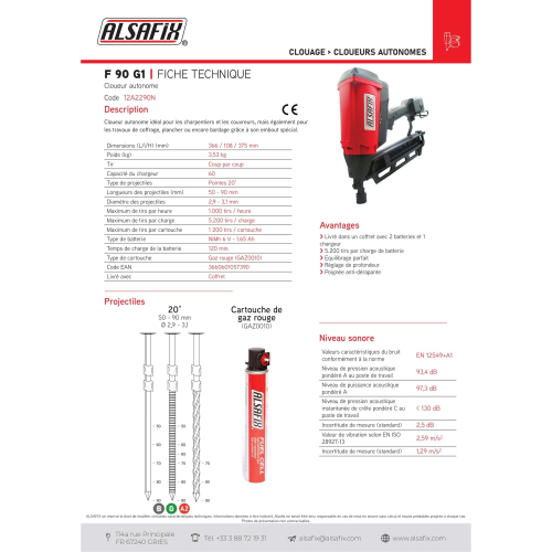Cloueur pour bois à gaz sans fil 6 V NiMh pour pointes en bande 20° - F 90 G1 - 12A2290N Alsafix