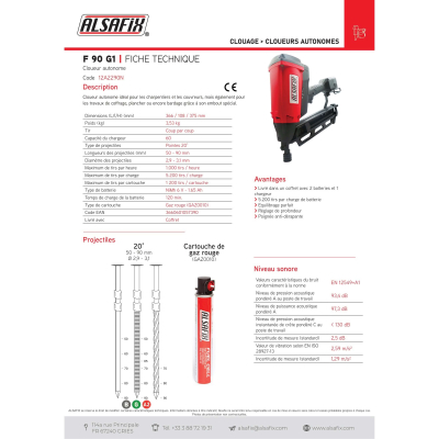 Cloueur pour bois à gaz sans fil 6 V NiMh pour pointes en bande 20° - F 90 G1 - 12A2290N Alsafix