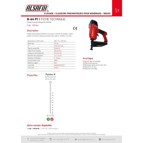 Cloueur pneumatique de finition N-64 P1 - 12B1664 Alsafix