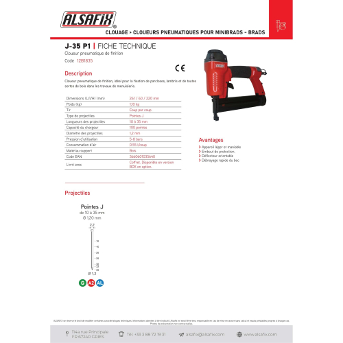 Cloueur pneumatique de finition J-35 P1 - 12B1835 Alsafix