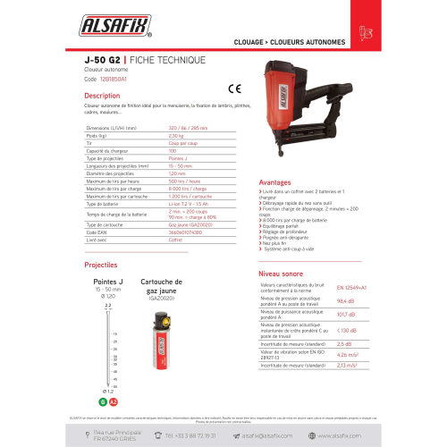 Cloueur à gaz bois pour minibrads 15 - 50 mm J-50 G2