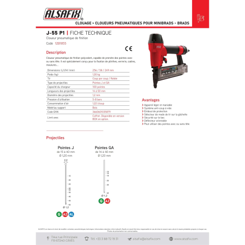 Cloueur pneumatique de finition J-55 P1 - 12B1855 Alsafix
