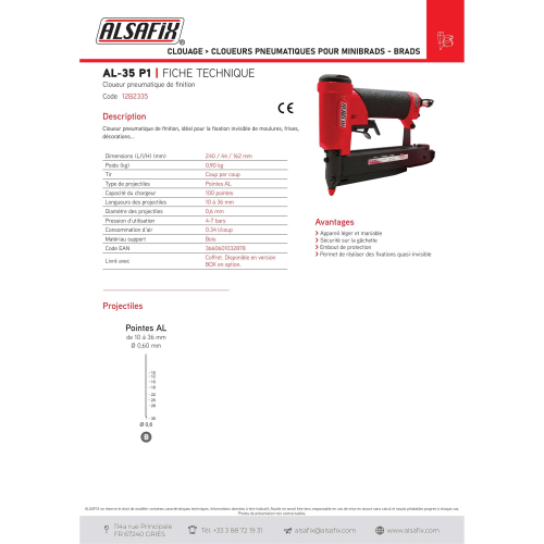 Cloueur pneumatique de finition AL-35 P1 - 12B2335 Alsafix