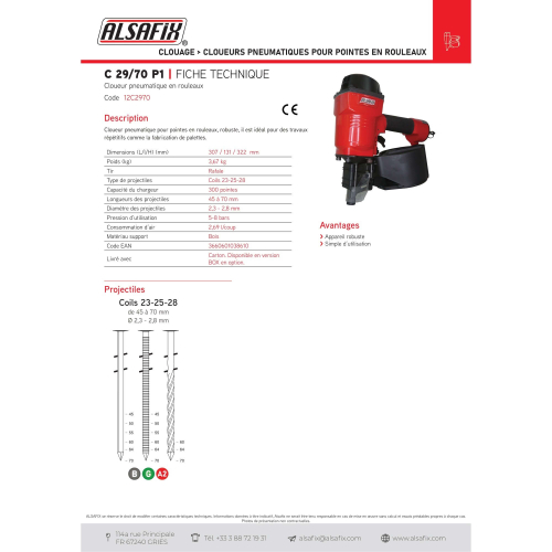 Cloueur pneumatique pour pointes en rouleaux C 29/70 P1 - 12C2970 Alsafix