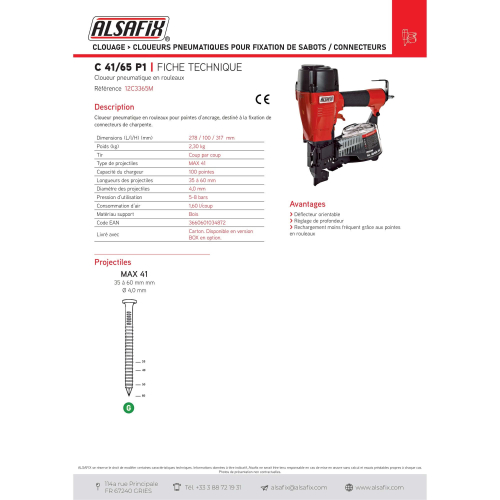 Cloueur pneumatique pour fixation sabots/connecteurs C 41/65 P1 - 12C3365M Alsafix