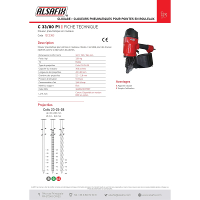 Cloueur pneumatique pour pointes en rouleaux C 33/80 P1 - 12C3383 Alsafix