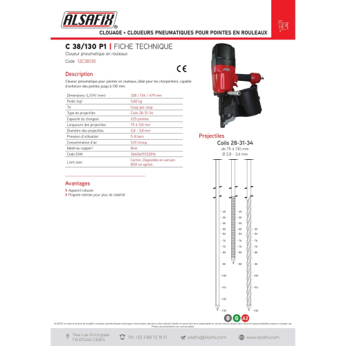 Cloueur pneumatique pour pointes en rouleaux C 38/130 P1 - 12C38130 Alsafix