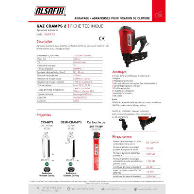 Agrafeuse à gaz pour fixation de clôture / Crampillons GAZ CRAMPS 2 - 7,2 V 2,5 Ah