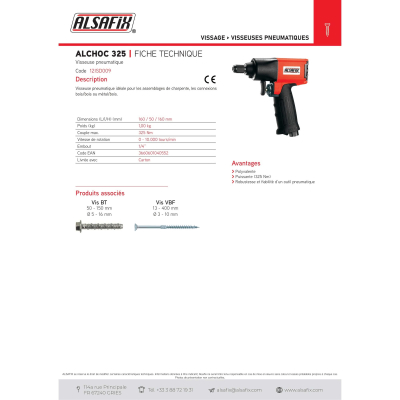 Visseuse à choc pneumatique 325 Nm embout 1/4" ALCHOC325 - 12ISD009 - Alsafix