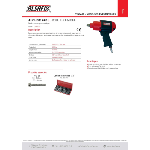 Visseuse à choc pneumatique 740 Nm embout 1/2" ALCHOC740 - 12IT250 - Alsafix