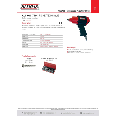 Visseuse à choc pneumatique 740 Nm embout 1/2" ALCHOC740 - 12IT250 - Alsafix