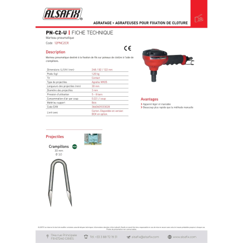 Agrafeuse pneumatique pour fixation de cloture crampillons PN-C2-U - 12PNC2CR - Alsafix