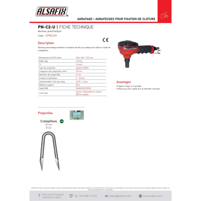Agrafeuse pneumatique pour fixation de cloture crampillons PN-C2-U - 12PNC2CR - Alsafix