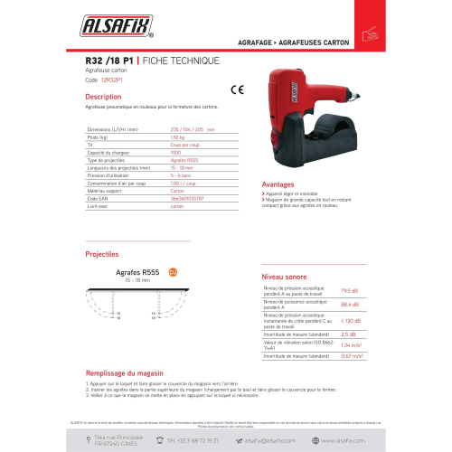Agrafeuse carton pneumatique R32/18 P1 - 12R32P1 - Alsafix