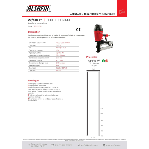 Agrafeuse pneumatique agrafes larges 27/130 P1 - 12S29130 - Alsafix
