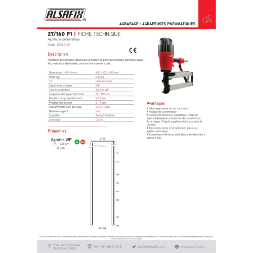 Agrafeuse pneumatique agrafes larges 27/160 P1 - 12S29160 - Alsafix