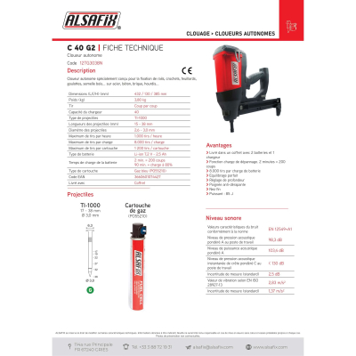 Cloueur à gaz spécial béton C 40 G2 sans fil 7,2 V - 12TG3038N - Alsafix