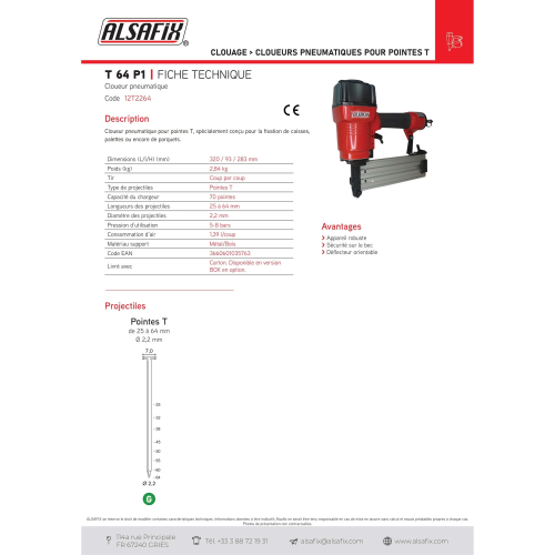 Cloueur pneumatique de finition T 64 P1 - 12T2264 Alsafix
