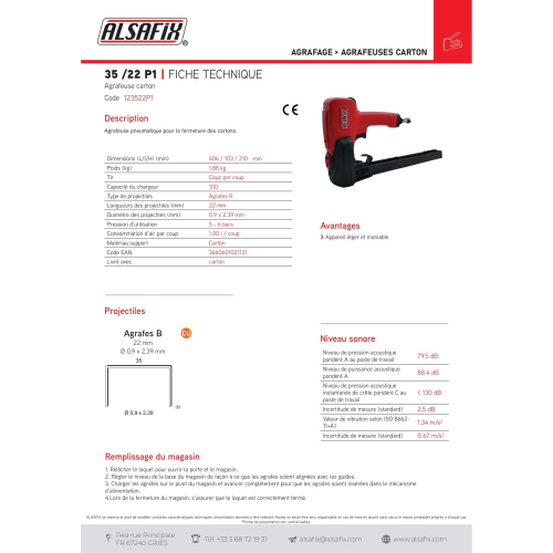 Agrafeuse carton pneumatique 35/22 P1 - 123522P1 - Alsafix