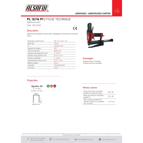 Agrafeuse carton pneumatique avec enclume PL 12/16 P1 - 15PL1216P1 - Alsafix