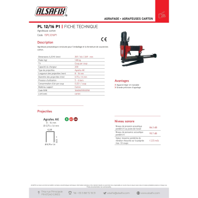 Agrafeuse carton pneumatique avec enclume PL 12/16 P1 - 15PL1216P1 - Alsafix