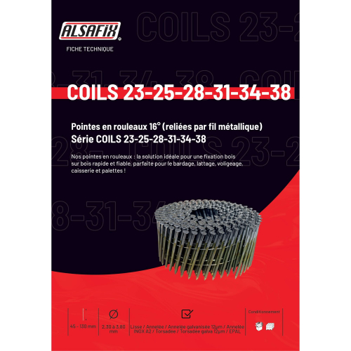 Coil de 10 800 pointes annelées galvanisées 16° COILS 23/25 D. 2,3/2,5 x 45 mm - 16F23456 Alsafix