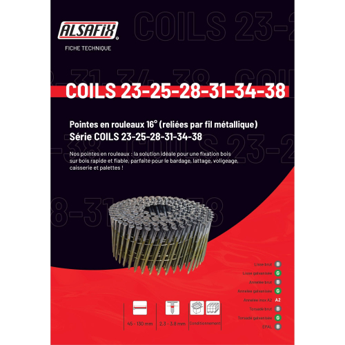 Coil de 9 000 pointes annelées 16° COILS 23/25 D. 2,3/2,5 x 55 mm - 16F23552 Alsafix