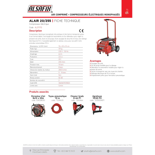 Compresseur 20 Litres 230 V 2,5 CV ALAIR 20/255 - AL57170 - Alsafix