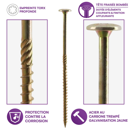 100 Vis bois Torx à tête bombée expert - Acier galvanisée - anti-fendage - moletage de serrage
