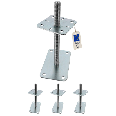 4 Embases Pied de poteau réglable - Fixation rectangulaire - Platine 100x160mm  - M20 - Acier galvanisé - Fabrication Europe