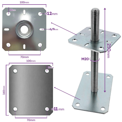 4 Embases Pied de poteau réglable - Fixation rectangulaire - Platine 100x160mm  - M20 - Acier galvanisé - Fabrication Europe 2