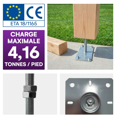 4 Embases Pied de poteau réglable - Fixation rectangulaire - Platine 100x160mm  - M20 - Acier galvanisé - Fabrication Europe