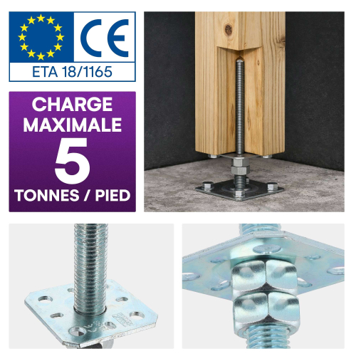 8 Embases pied de poteau réglable par vis - à visser - Platine 80x80mm - M24 - Acier galvanisé - Fabrication Europe