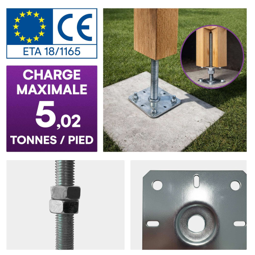 4 embases pied de poteau carrée réglable par vis - à visser - Platine 100x100mm - M24 - Acier galvanisé - Fabrication Europe