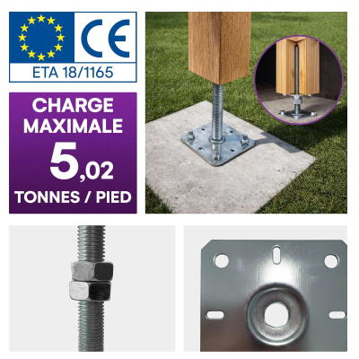 4 embases pied de poteau carrée réglable par vis - à visser - Platine 100x100mm - M24 - Acier galvanisé - Fabrication Europe