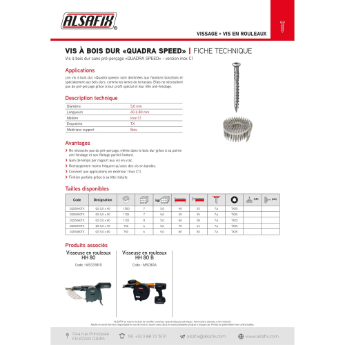 750 Vis Bois Quadra Speed en Rouleaux D. 5 mm Inox A2 TX 25 - Alsafix
