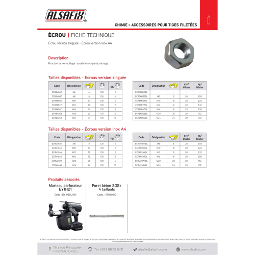 Blister de 20 Écrous Hexagonaux - Inox A4 - Alsafix