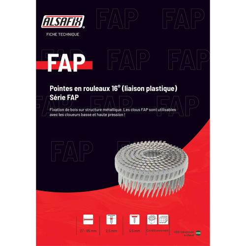 6000 Coils S D. 2,5 mm Acier HDG Alsafix FAP V5 Pointes en Rouleaux 16° Liaison Plastique