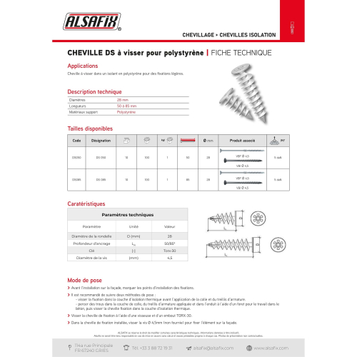100 chevilles à visser pour polystyrène DS 085 - Longueur 85 mm - DS085 - Alsafix