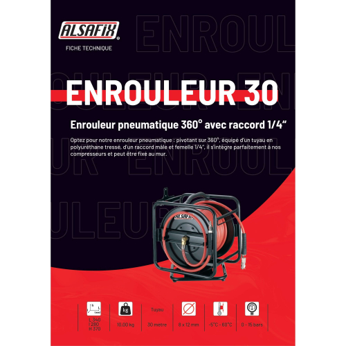 Enrouleur pneumatique 360° D. 8 x 12 mm x L. 30 M - EA028030 - Alsafix