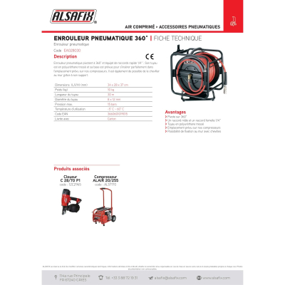 Enrouleur pneumatique 360° D. 8 x 12 mm x L. 30 M - EA028030 - Alsafix