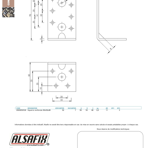 Equerre avec renforts (H x L x l x ép) 90 x 50 x 76 x 3,0 mm - AL-ER09050830 - Alsafix