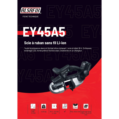 Scie à ruban D. de coupe 65 mm sans fil 18V 5,0 Ah Li-Ion Panasonic - EY45A5LJ2G - Alsafix
