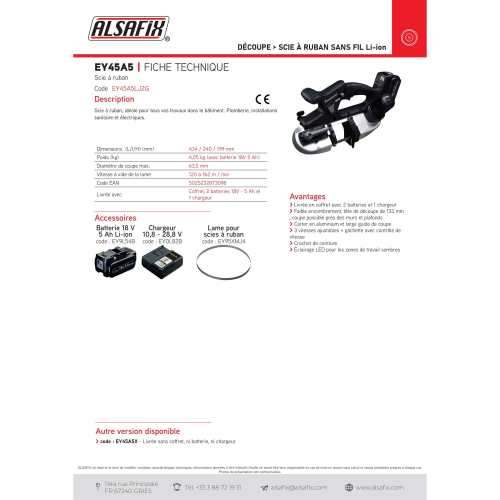 Scie à ruban D. de coupe 65 mm sans fil 18V 5,0 Ah Li-Ion Panasonic - EY45A5LJ2G - Alsafix