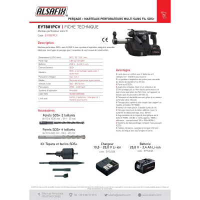 Perforateur SDS+ 3,3 Joules sans fil 28,8V 3,4 Ah Li-Ion Panasonic + aspiration amovible - EY7881PCV - Alsafix