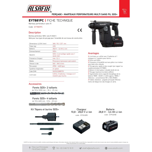 Perforateur SDS+ 3,3 Joules sans fil 28,8V (sans batterie, ni chargeur) Panasonic + aspiration amovible - EY7881XV - Alsafix