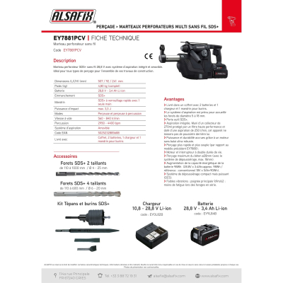 Aspirateur amovible pour perforateur EY7881 Panasonic - EY9X400 - Alsafix