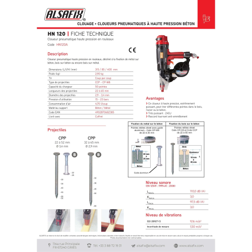 Cloueur pneumatique à haute pression HN 120 - HN120A Alsafix